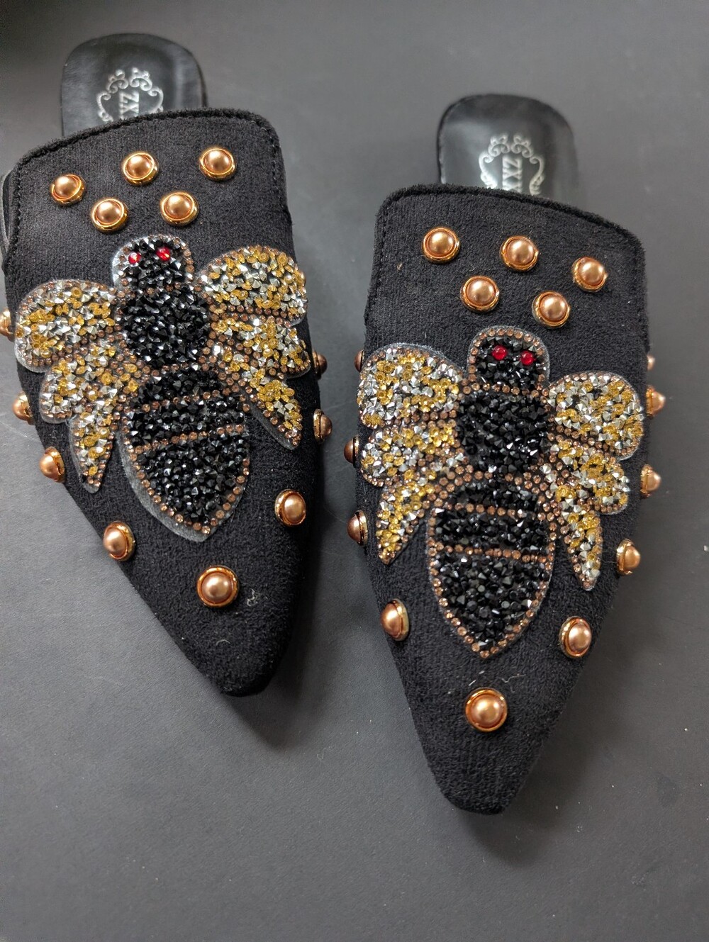 Embellished Bee Slip-On Mules - Black with Gold Accents